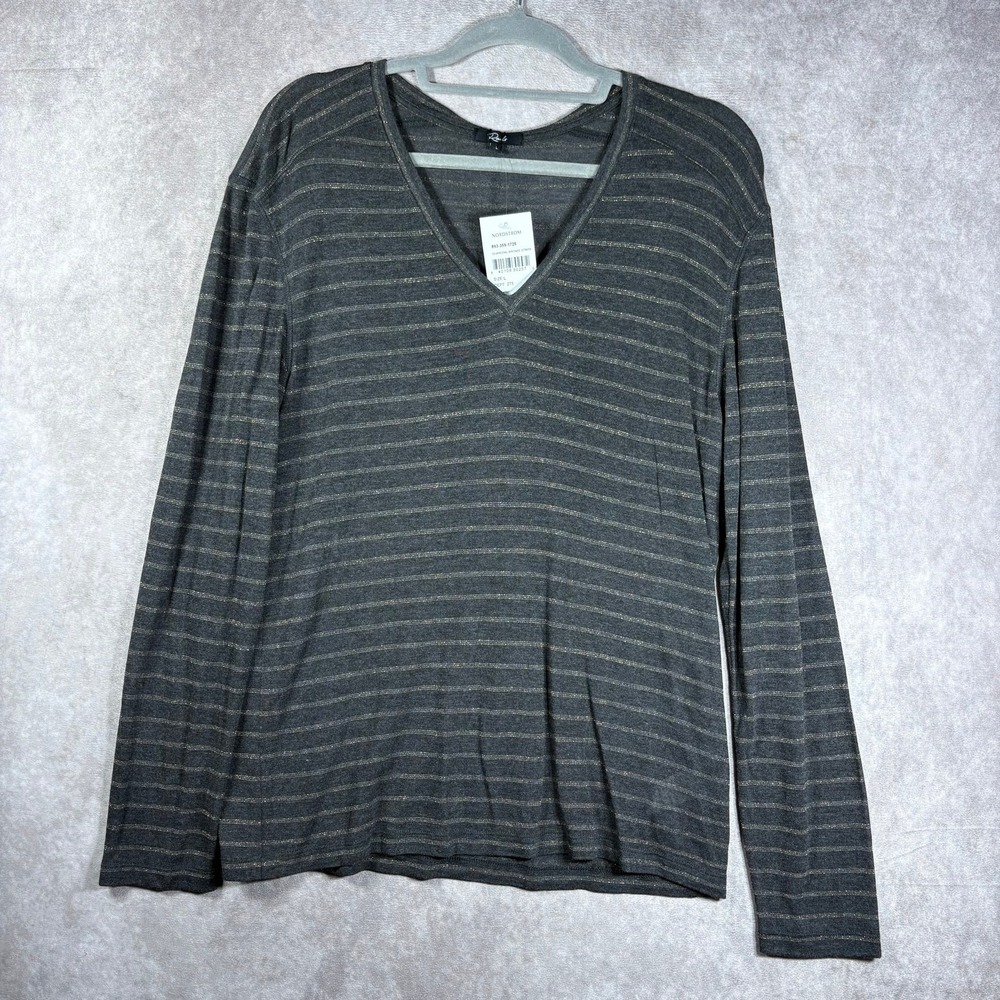 Rails Sami T Shirt Womens Large Charcoal Bronze Striped Long Sleeve V-Neck NEW